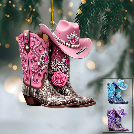 Custom Name Cowgirl Ornament 2025 – Personalized Pink Boots and Hat Decoration, Cute Gift for Rodeo Lovers & Western Fans Ornament
