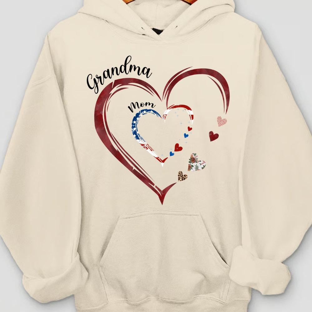 Personalized Generations Heart Sweatshirt – Grandma & Mom Custom Names – Double Heart Family Christmas Gift