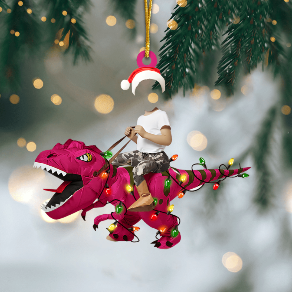 Personalized Cute Kid Rides The Dinosaurus Christmas Light Ornament Ornament
