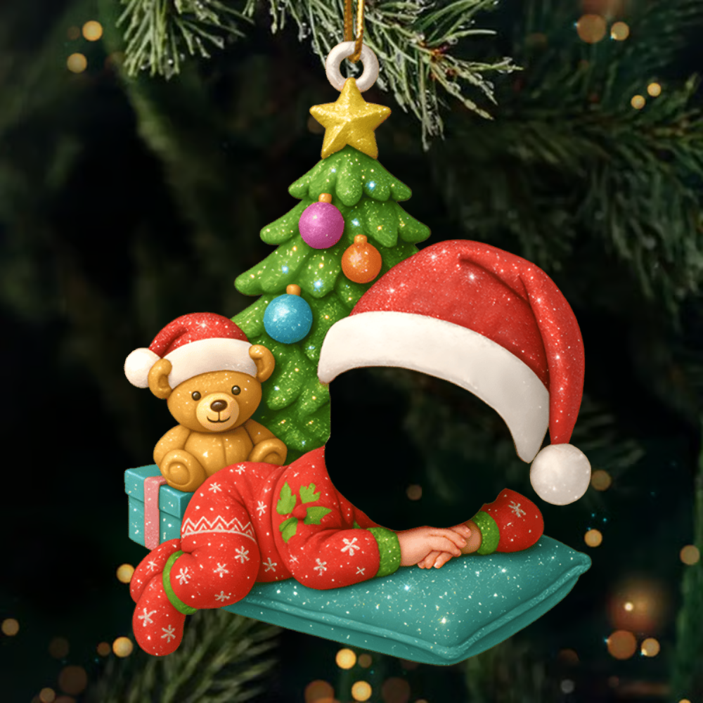 Personalized Baby’s First Christmas Ornament 2025 – Custom Photo Ornament with Name, Cute Baby & Teddy Design Ornament