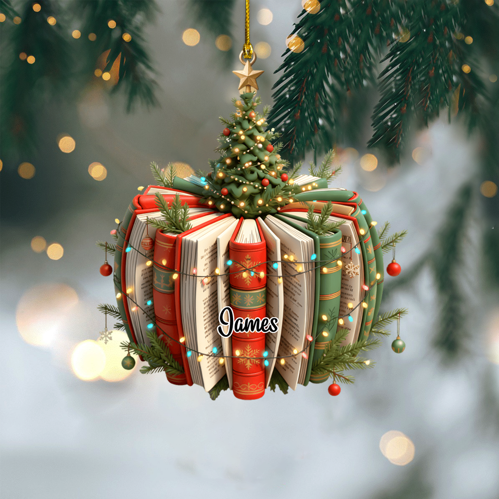 Personalized Book Ornament 2025 – Custom Name Christmas Ornament with Books and Tree, Perfect Gift for Book Lovers & Readers Ornament