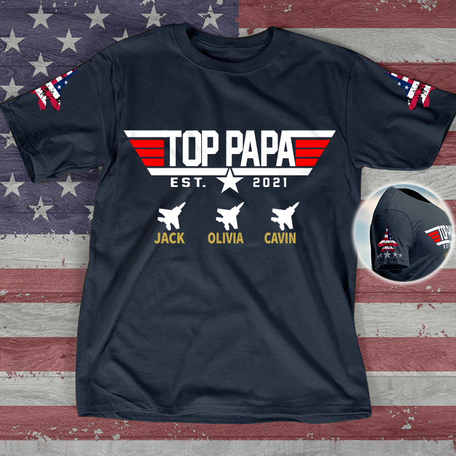 Custom Top Papa With Grandkids USA T-Shirt