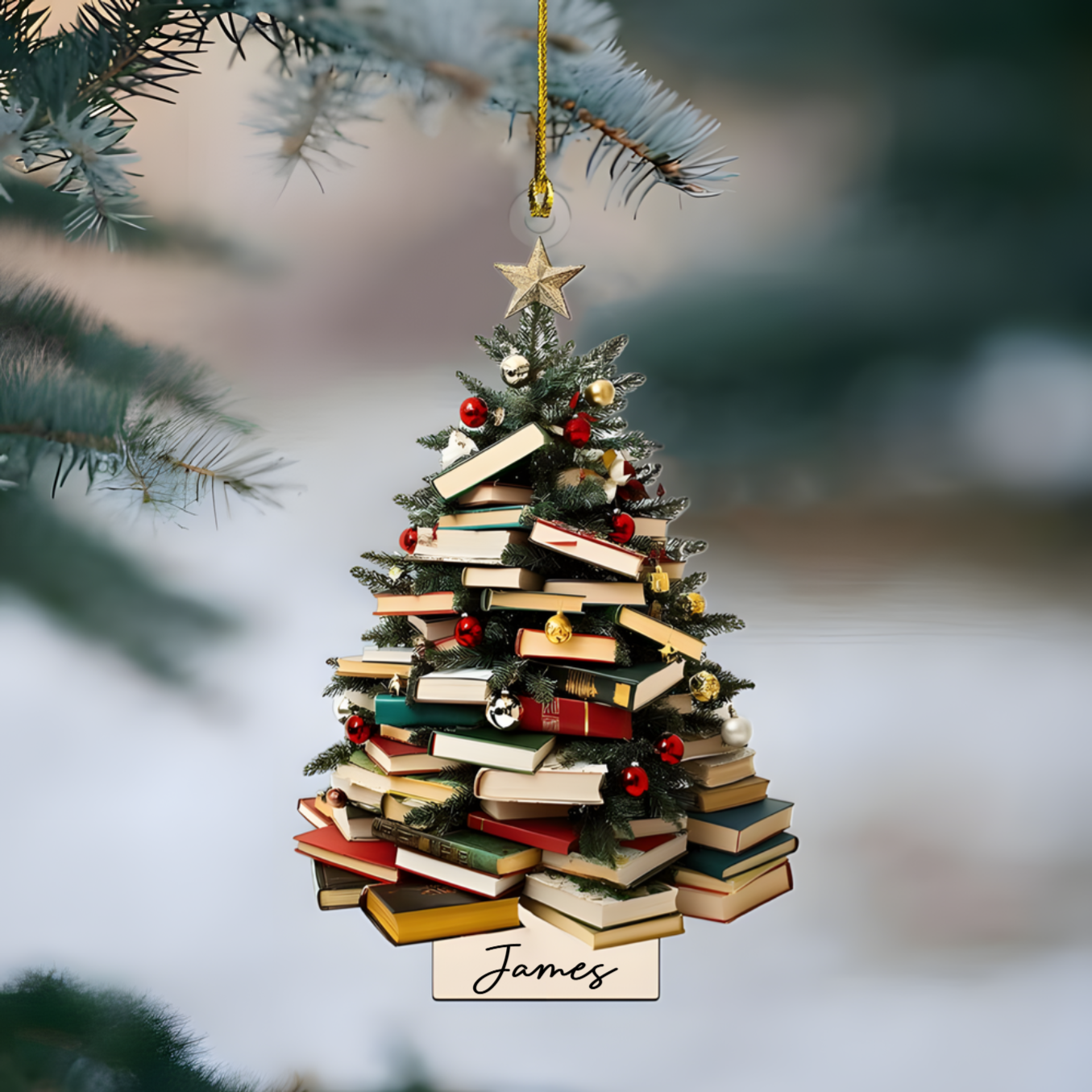 Personalized Book Tree Ornament 2025 – Custom Name Christmas Ornament for Book Lovers, Readers & Teachers Ornament