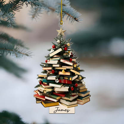 Personalized Book Tree Ornament 2025 – Custom Name Christmas Ornament for Book Lovers, Readers & Teachers Ornament