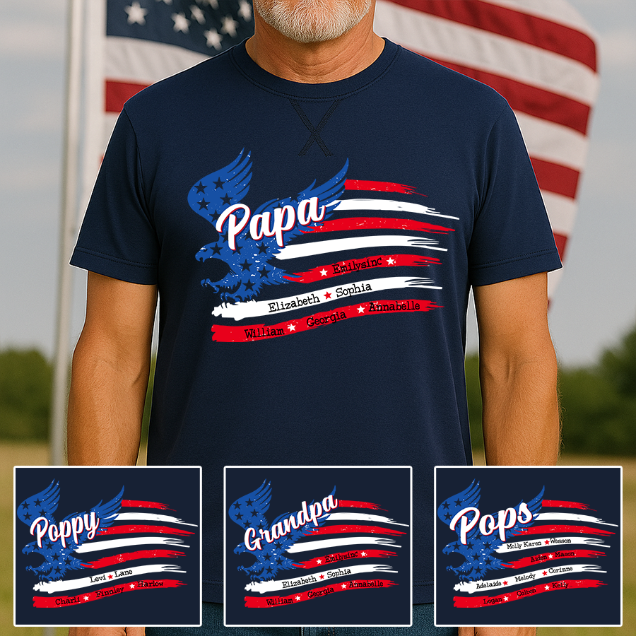 Papa With Grandkids Names 4th Of July Classic X-Stitch Tee