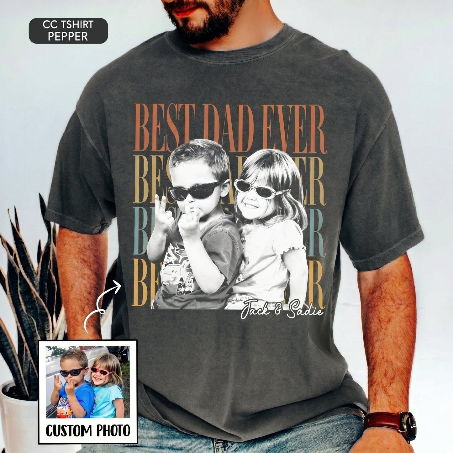 Personalized Photo Dad Shirt, Custom Kids Picture With Names, Best Dad Ever Family Apparel, Gift For Father's Day Birthday