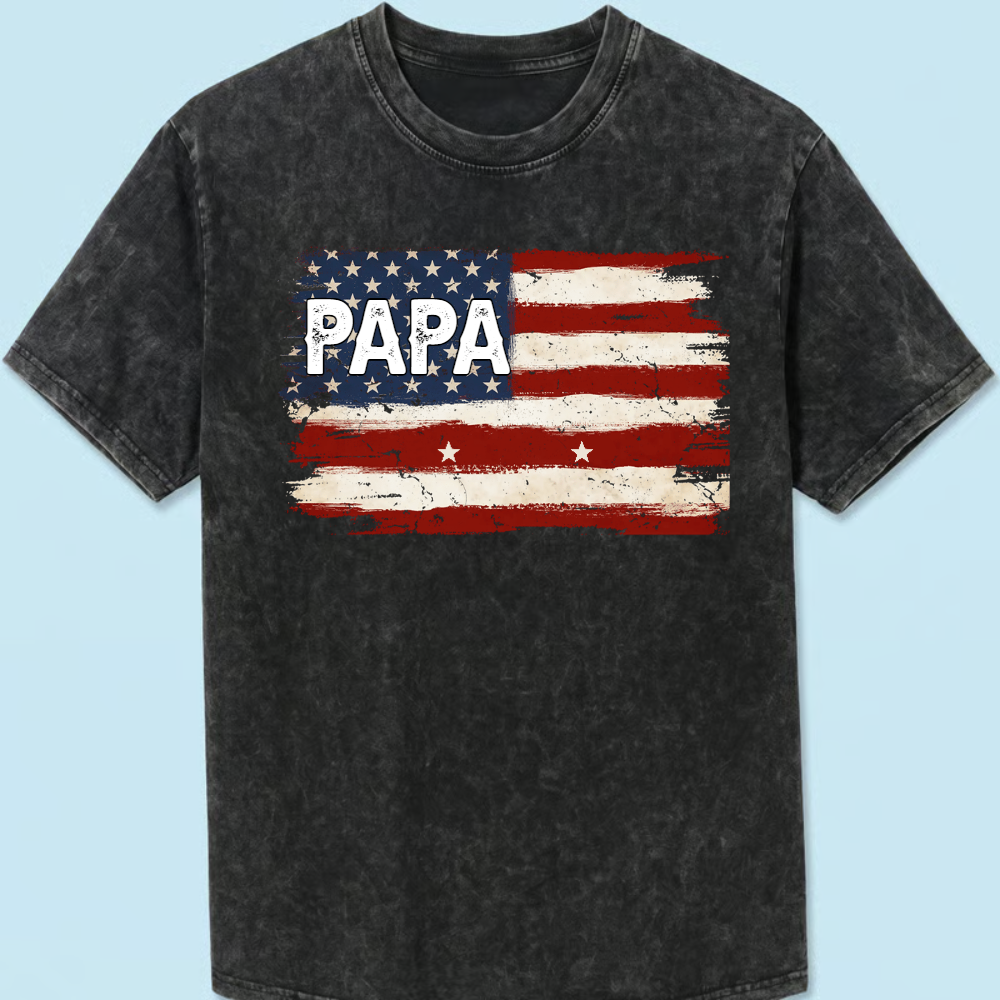 Personalized Papa American Flag Mineral Wash T Shirt, Custom Kids Names Patriotic Tee, Grandpa Father's Day USA Independence Apparel Mineral Wash T-Shirt