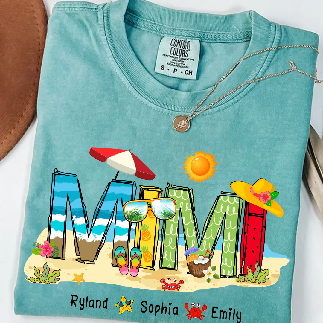 Custom Beach Mimi Shirt – Personalized Grandma T-Shirt with Grandkids Names
