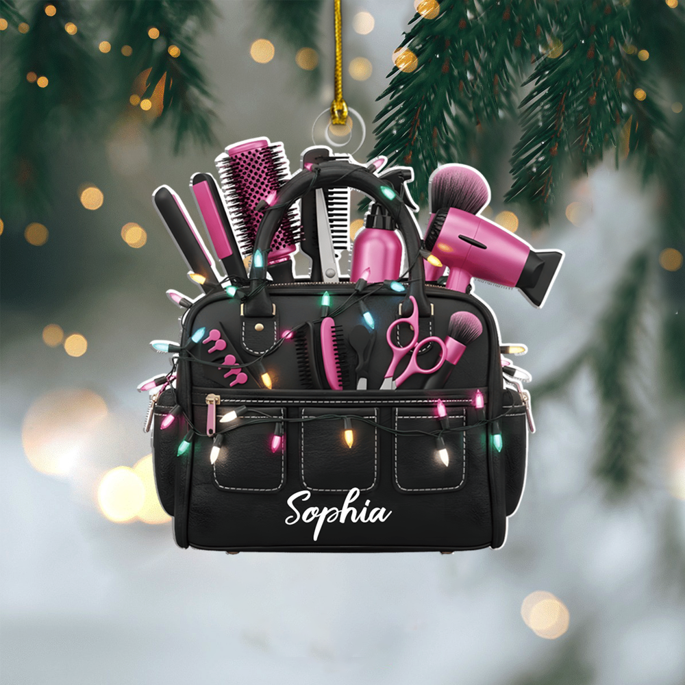 Personalized Hair Stylist Ornament – Custom Name Hair Tools Bag Christmas Decoration for Stylists Ornament