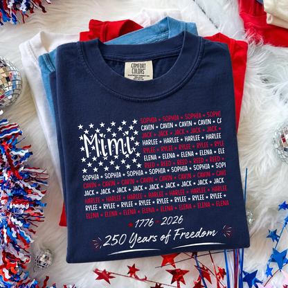 Personalized Mimi American Flag Shirt with Grandkids Names, Comfort Colors® USA 250th Anniversary Patriotic Shirt, Custom Grandma 1776-2026 Family Tee
