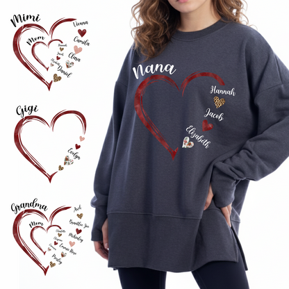 Personalized Mom and Grandma Heart Sweatshirt – Custom Grandkids Name Sweater – Cozy Christmas Gift for Grandma, Gigi, Nana, Mimi