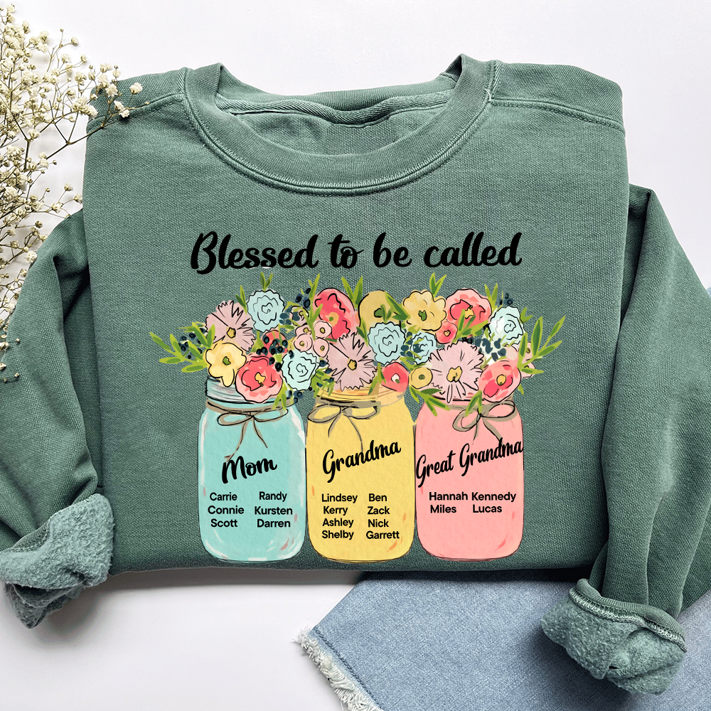 Personalized Blessed to Be Called Mom Grandma Great Grandma Sweatshirt – Custom Family Name Flowers Gift