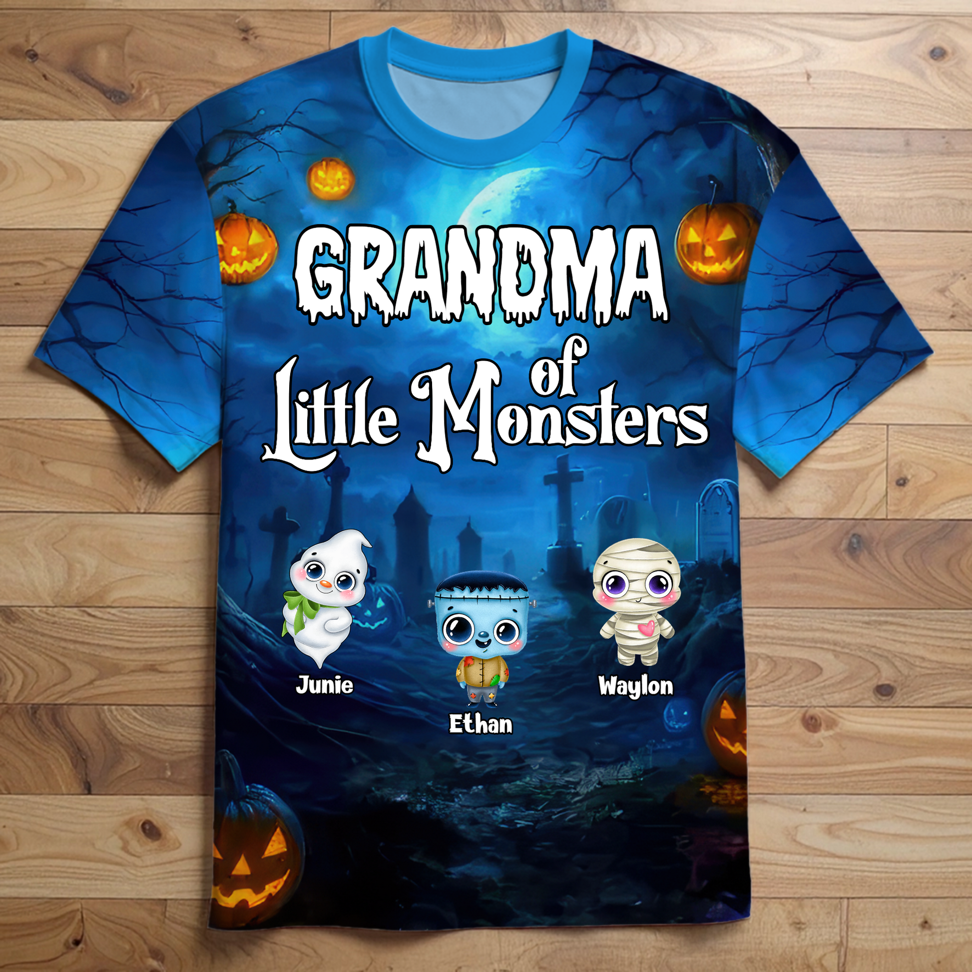Personalized Grandma Of Little Monsters Halloween 3D Shirt – Custom Grandkids Names & Cute Characters Tee Gift 3D T-Shirt