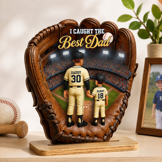 Personalized Baseball Glove Wooden Plaque for Dad – Custom Baseball Dad Gift with Kids Names, Father’s Day Decor 2-Layered Wooden Plaque