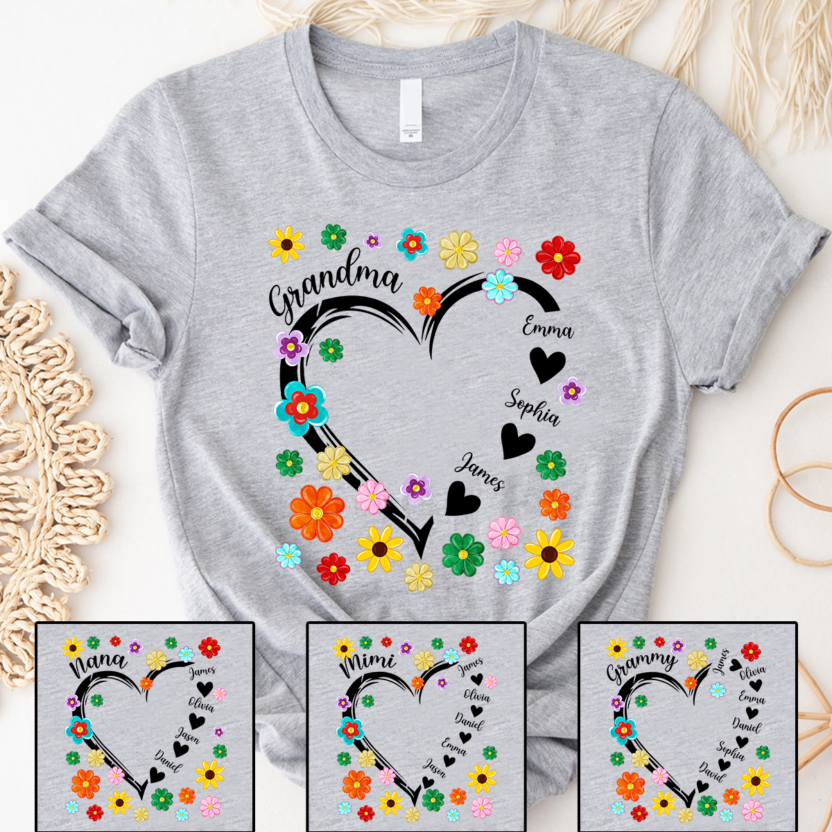Grandma Heart Flower Color With Grandkids, Mother's Day Gift TH