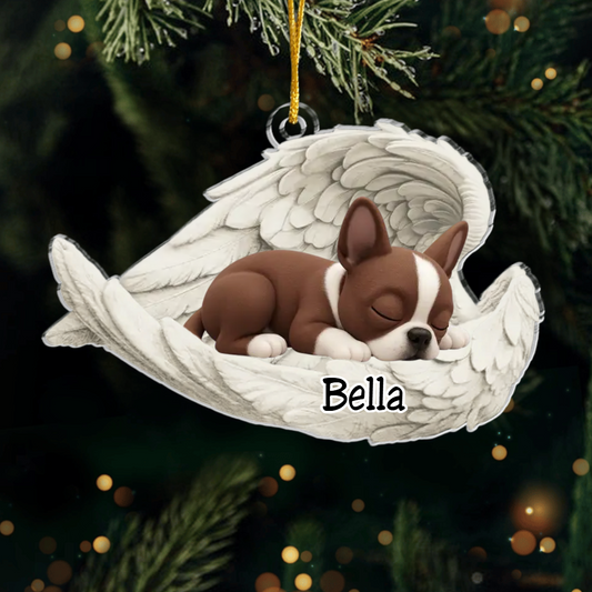 Custom Boston Terrier Angel Dog Ornament – Personalized Sleeping Dog Christmas Gift for Dog Lovers, Pet Memorial Tree Decoration Ornament