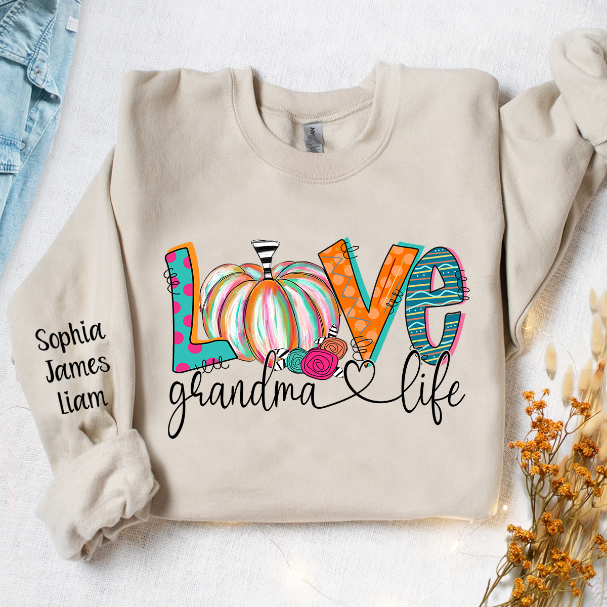 Love Grandma Life Pumpkins Color Autumn And Kids Sweatshirt