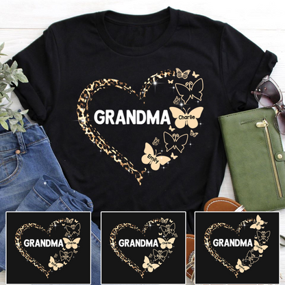 Personalized Grandma Butterfly Sweatshirt, Custom Nickname With Grandkids Butterfly Heart Leopard