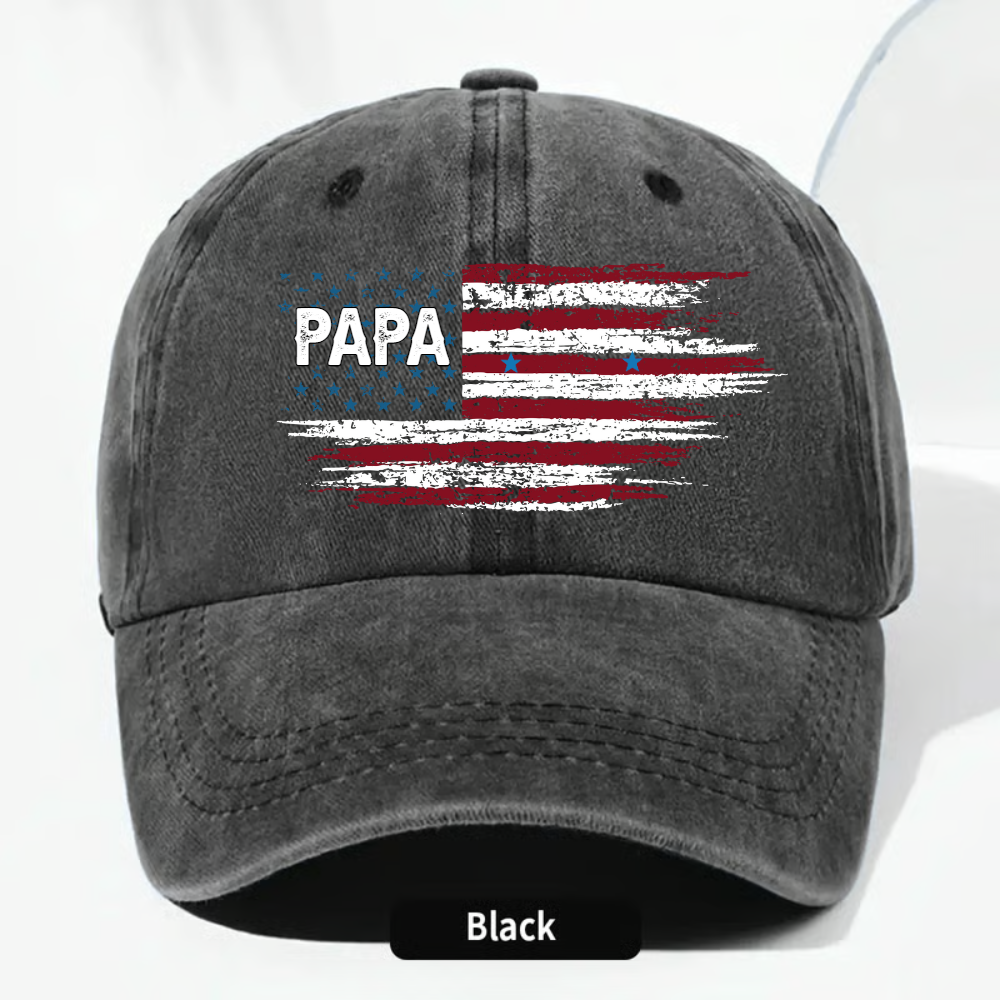 Father Day Shirt, Papa Ands Grandkids Flag American Personalized Custom Vintage Washed Denim Cap