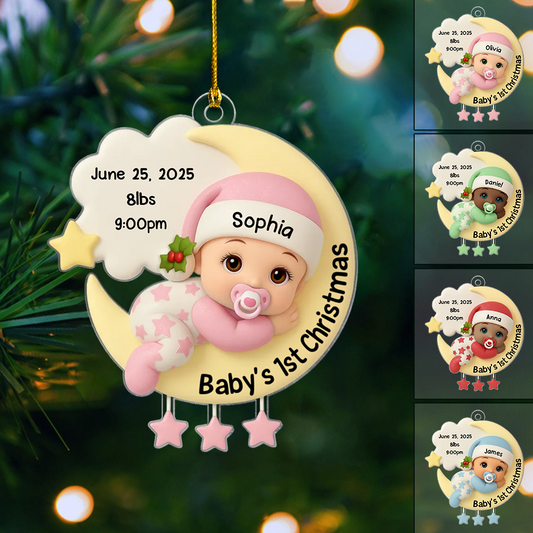 Personalized Baby’s First Christmas Ornament 2025 – Custom Name, Birth Stats & Newborn Moon Design Keepsake for New Parents Ornament