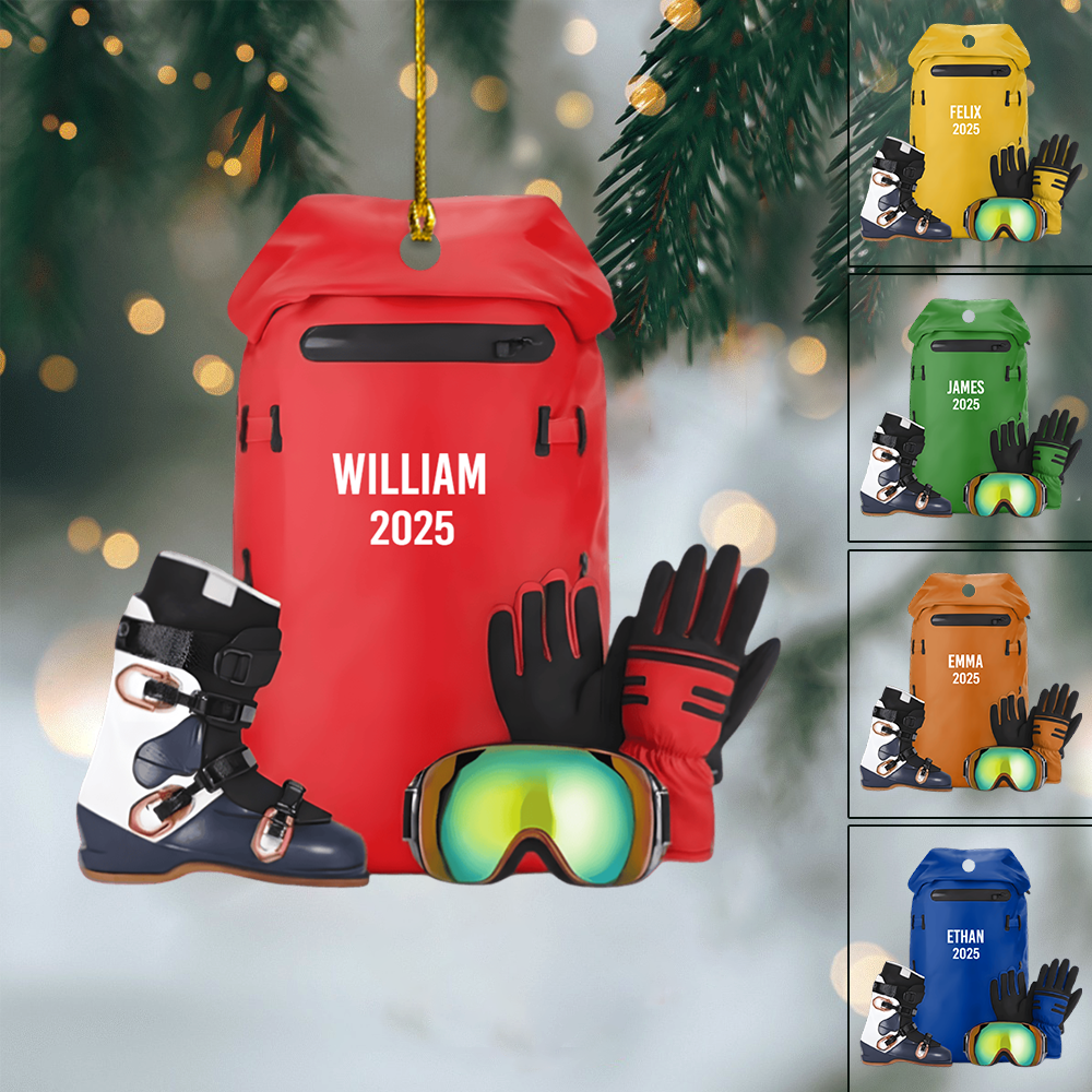 Personalized Ski Gear Ornament 2025 – Custom Name Ski Backpack Christmas Ornament, Gift for Skiers & Snowboard Lovers Ornament