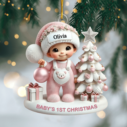 Baby’s First Christmas Personalized Ornament – Cute 3D Effect Baby Beside Tree Design, Custom Keepsake for New Parents Ornament