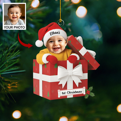 Custom Baby Photo Ornament 2025 – Baby’s 1st Christmas Gift Box Design, Personalized Name Christmas Decoration Ornament