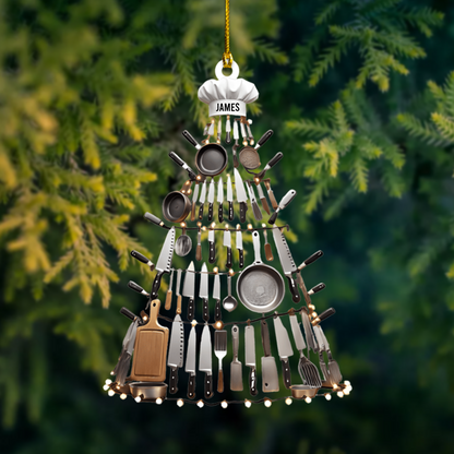 Personalized Chef Ornament 2025 – Custom Name Kitchen Utensil Tree Christmas Decoration for Cooks and Food Lovers Ornament