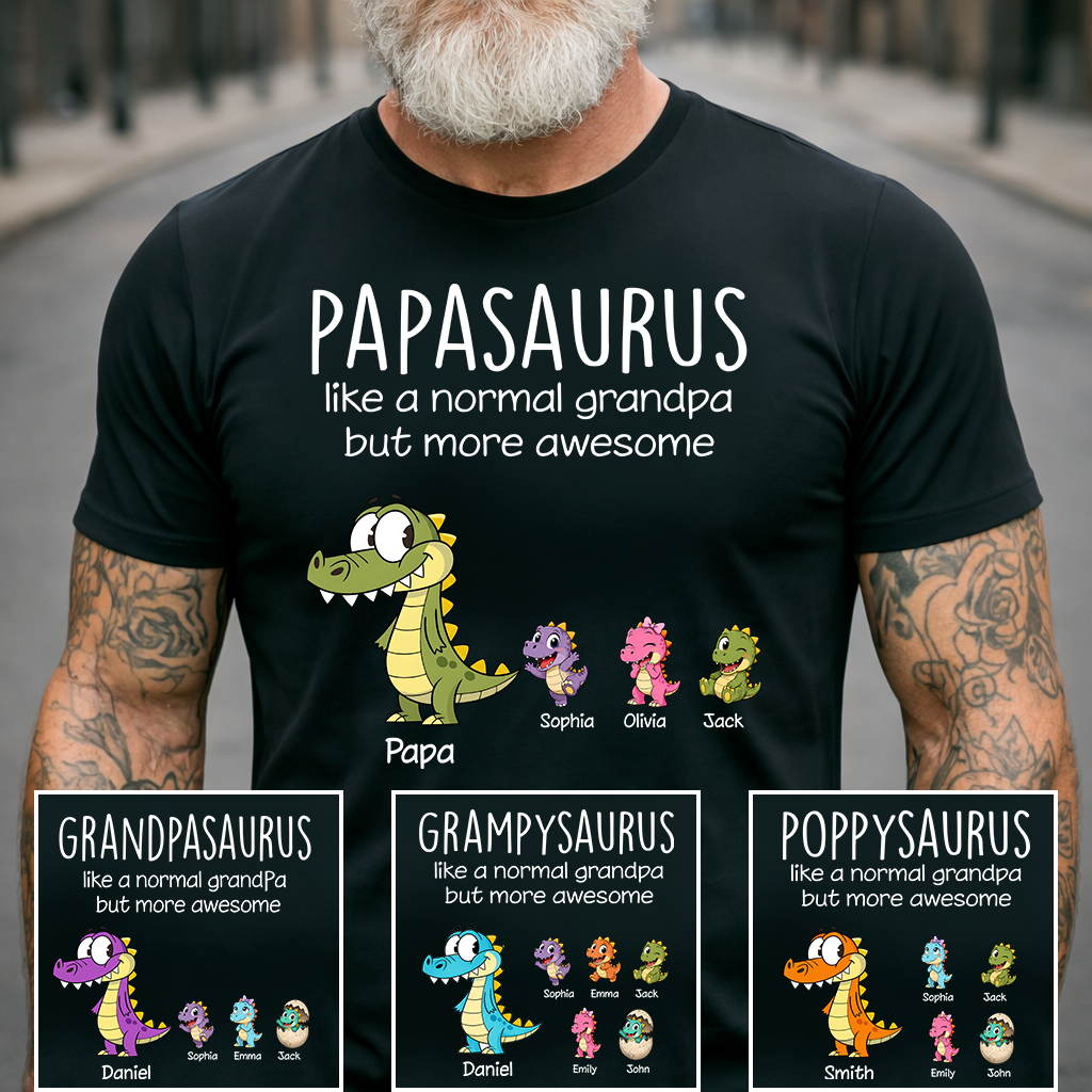 Personalized Papa Dinosaur Shirt with Custom Kids Names, Funny Grandpa Family T Shirt for Papa Grandfather, Father's Day Birthday Gift
