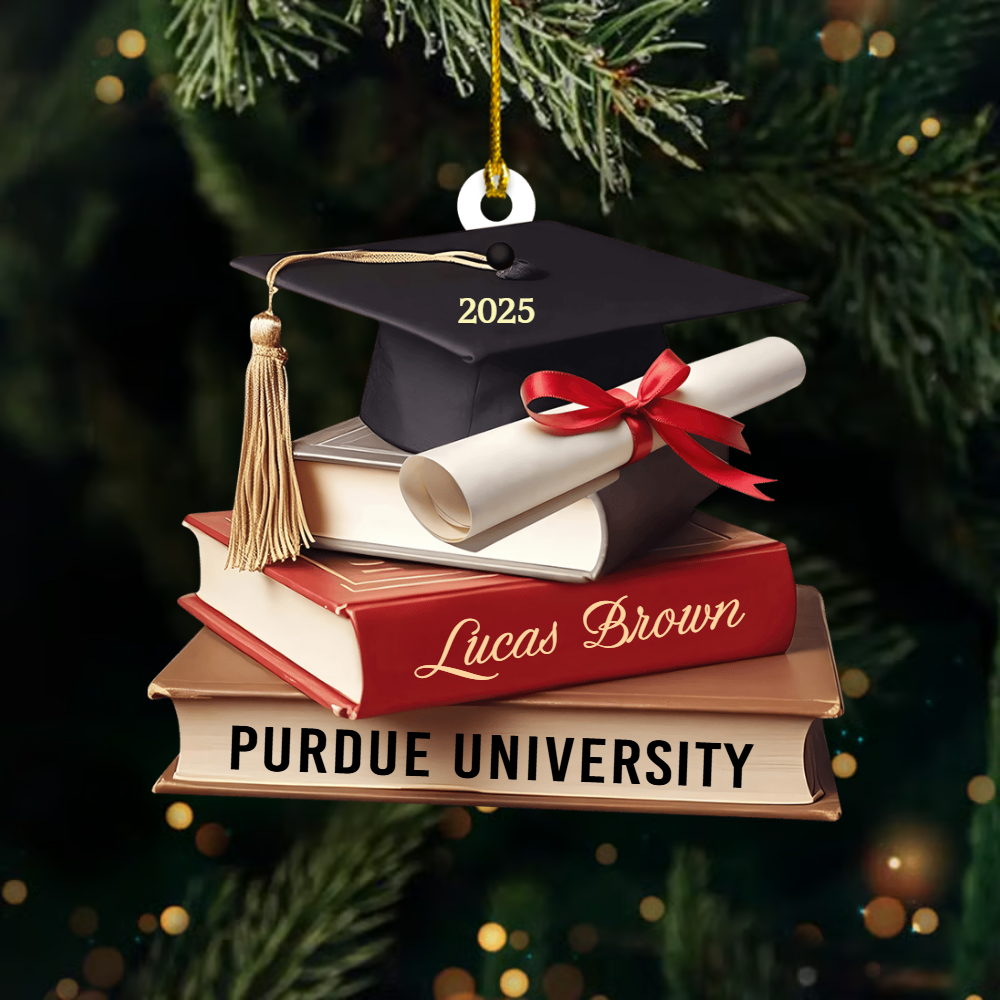 Personalized Graduation Ornament 2026 – Custom Name & University Cap and Books Christmas Decoration Ornament