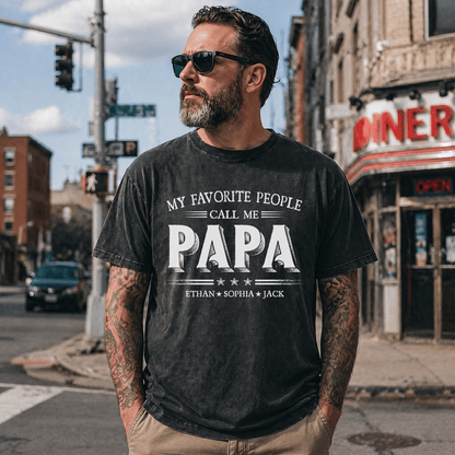 Custom Papa Mineral Wash Shirt with Grandchildren Names, My Favorite People Call Me Papa Graphic Tee for Grandpa