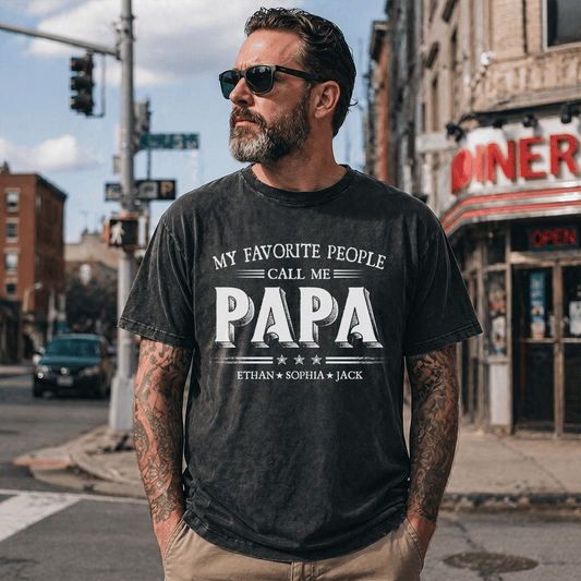 Custom Papa Mineral Wash Shirt with Grandchildren Names, My Favorite People Call Me Papa Graphic Tee for Grandpa