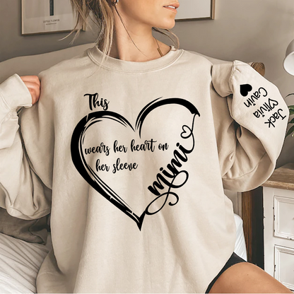 Personalized Grandma Heart Sweatshirt, Custom Mom This Grandma Wears Her Heart On Her Sleeve With Grandkids Sweatshirt