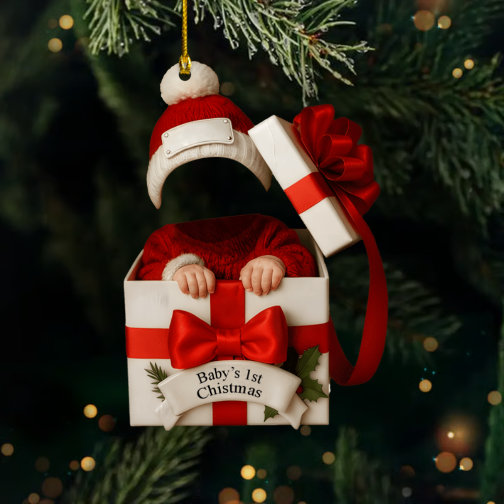 Personalized Baby Photo Christmas Gift Box Ornament – Custom Holiday Keepsake for Newborns & Families