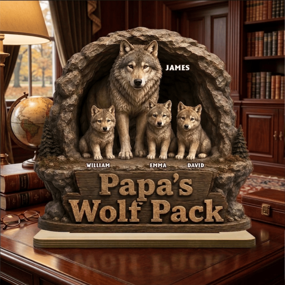 Personalized Papa's Daddy Wolf Pack Wooden Plaque, Customized Sign Decorations, Cool Father's Day Birthday Gifts