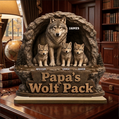 Personalized Papa's Daddy Wolf Pack Wooden Plaque, Customized Sign Decorations, Cool Father's Day Birthday Gifts