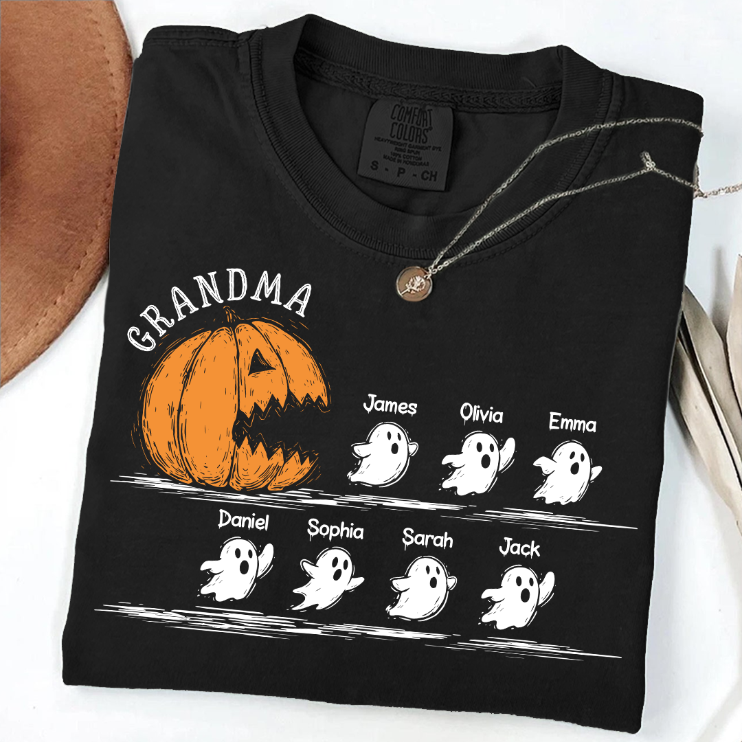 Personalized Grandma Halloween Shirt, Pumpkin And Ghosts Shirt With Grandkids Names