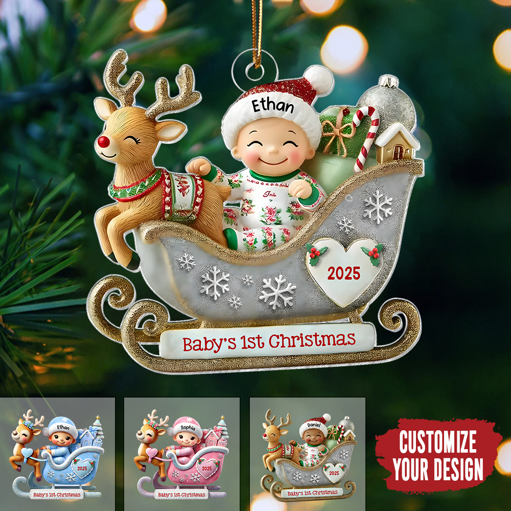 Personalized Baby’s First Christmas Ornament 2025 – Custom Name Reindeer Sleigh Ornament for Newborn Boys & Girls