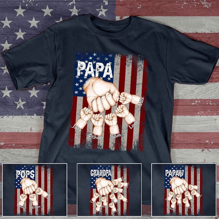 Personalized Grandpa Fist Bump Shirt with Kids’ Names, Custom Papa Pops Papaw Gift, American Flag Grandchildren Shirt for Father’s Day