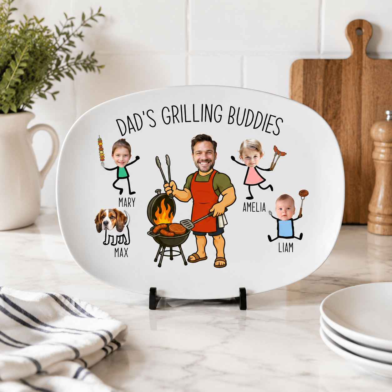 Personalized Dad's Grilling Buddies Plate – Custom with Family Names and Fun Illustrations, Ideal Gift for Father's Day Grilling Plate