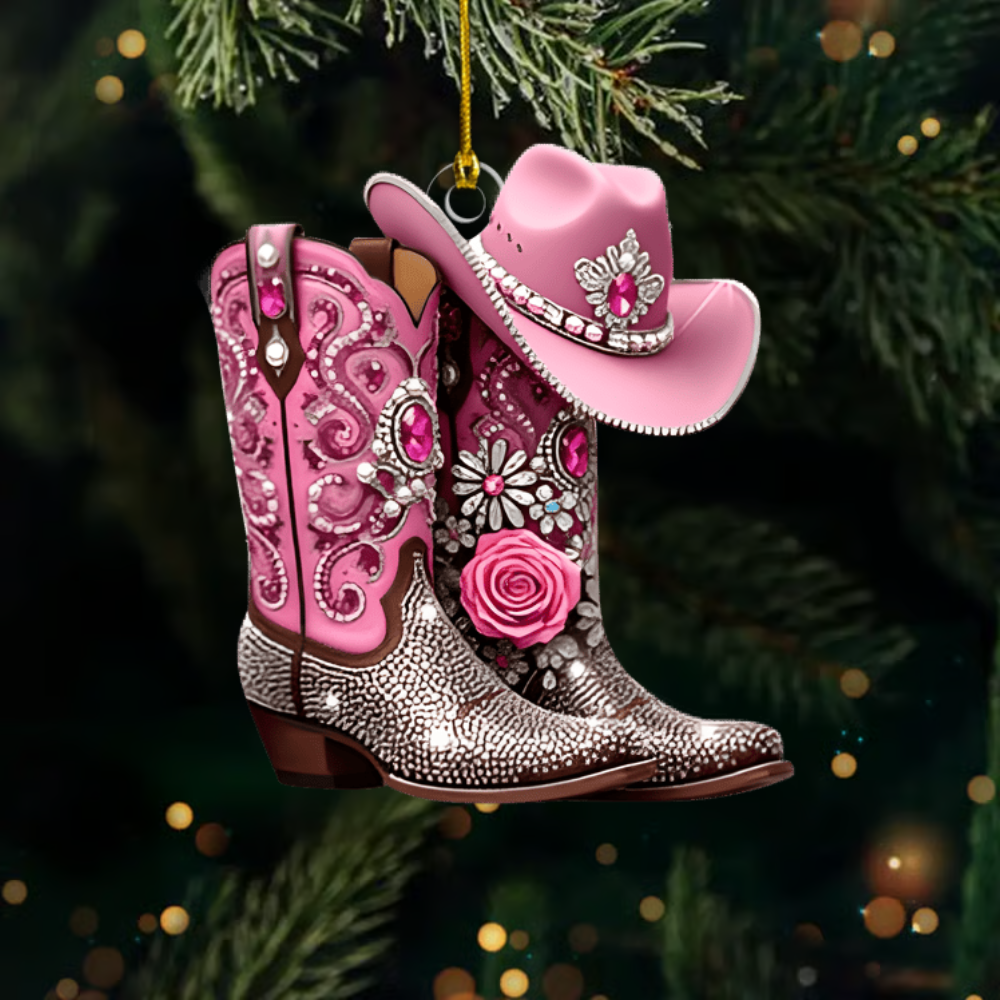 Custom Name Cowgirl Ornament 2025 – Personalized Pink Boots and Hat Decoration, Cute Gift for Rodeo Lovers & Western Fans Ornament