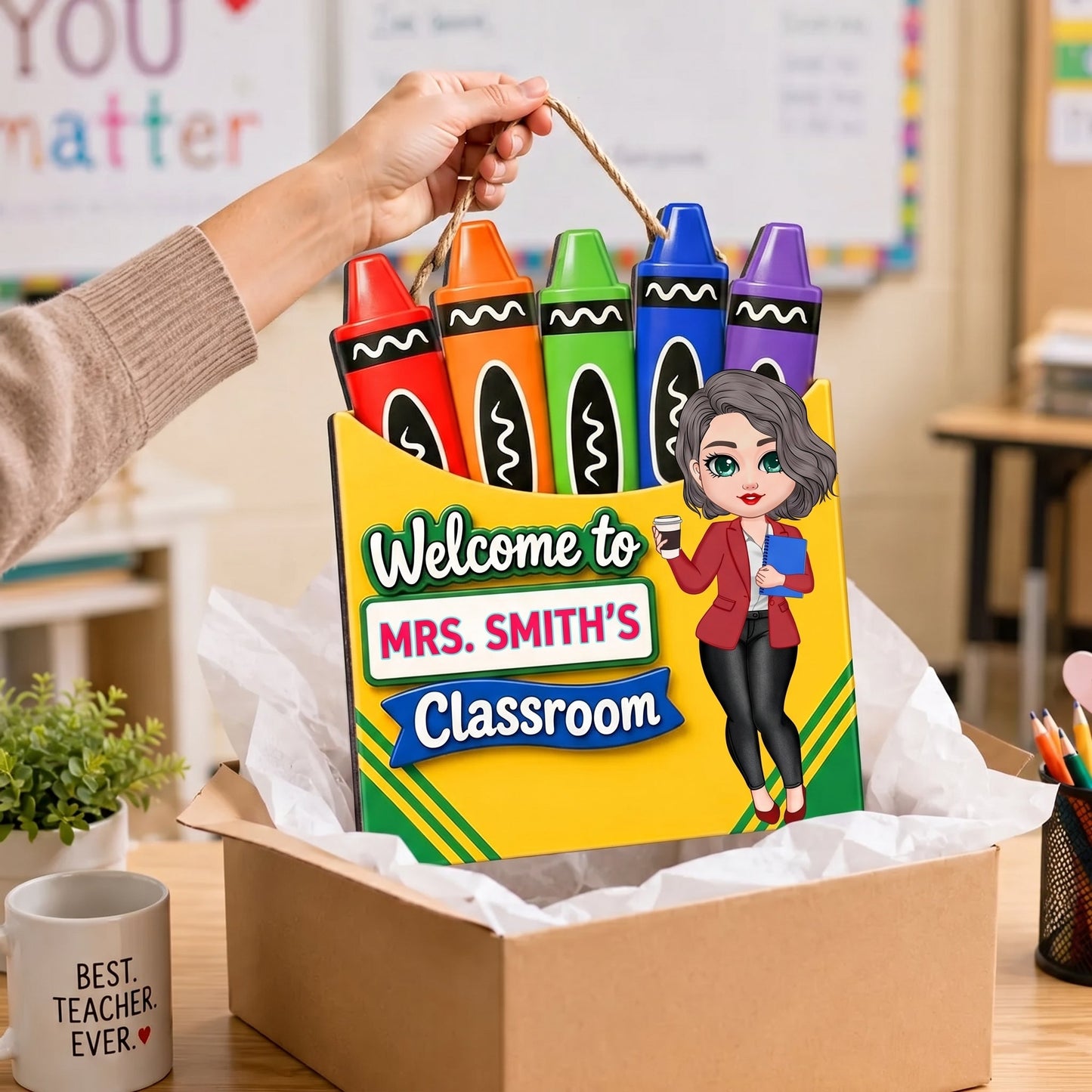 Teacher Welcome To Classroom Crayon Box - Personalized Wood Sign - Back To School Gift For Teacher, Classroom Decor