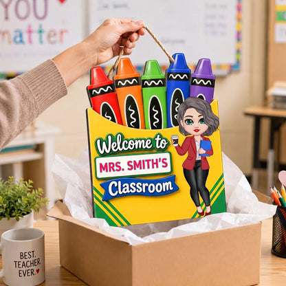 Teacher Welcome To Classroom Crayon Box - Personalized Wood Sign - Back To School Gift For Teacher, Classroom Decor