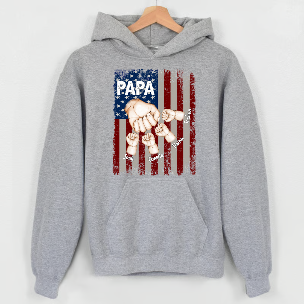 Papa Fist Bump Custom Kids Names Shirt - Personalized US Flag Father's Day Gift - American Flag Papa T-Shirt