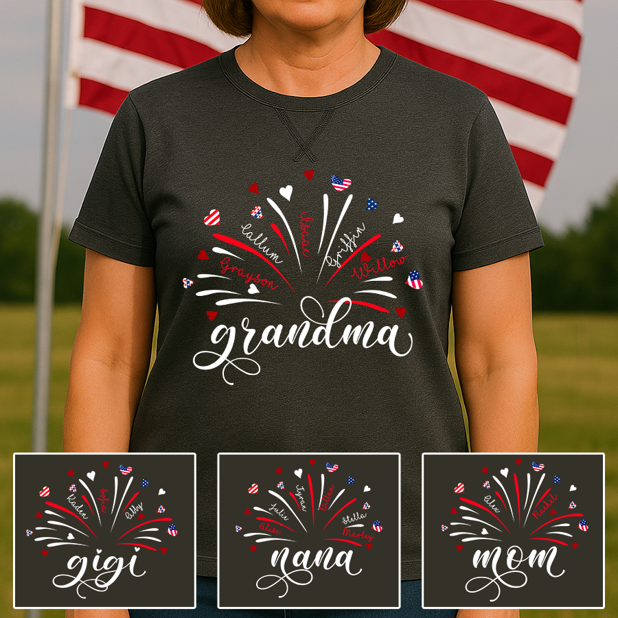 Firework America Flag Grandma And Grandkids Names 4th Of July Flag Classic X-Stitch Tee