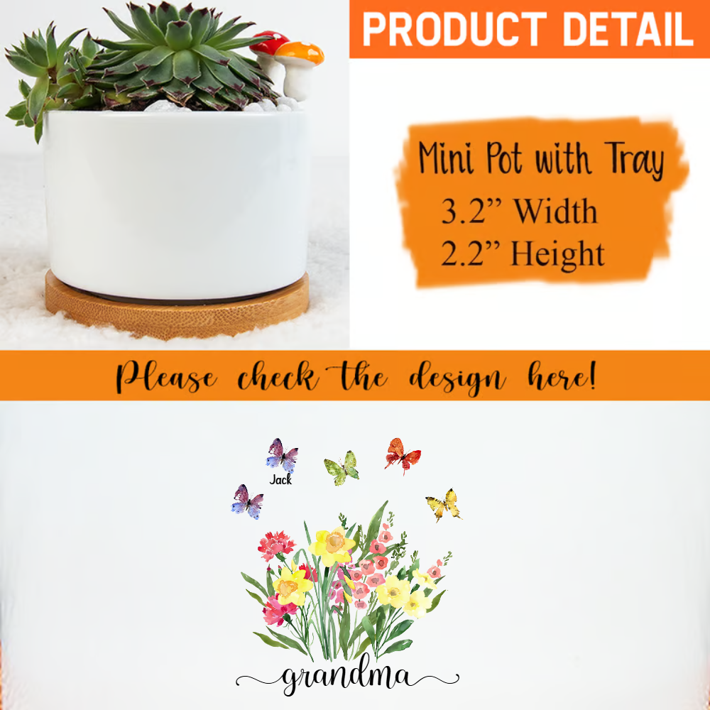 Grandma Flower And Butterfly Plant Pot, Custom Grandma And Grandkids TH Plant Pot Plant Pot