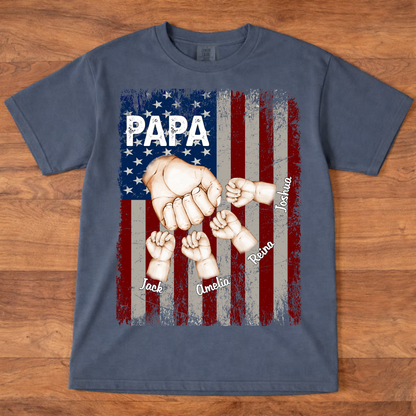 Papa Fist Bump Custom Kids Names Shirt - Personalized US Flag Father's Day Gift - American Flag Papa T-Shirt