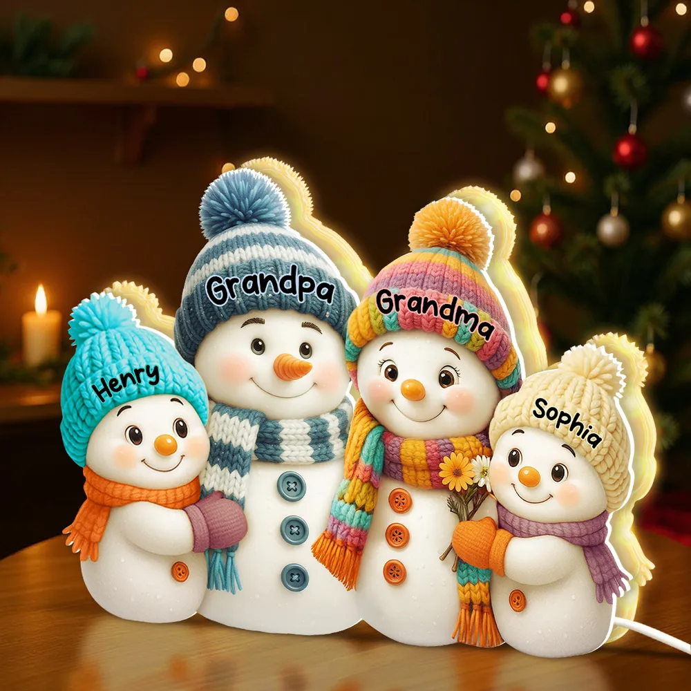 3D Effect Snowman Grandma, Grandpa & Grandkids Personalized Light Box – Custom Christmas Decoration & Heartwarming Gift for Grandparents Light Box