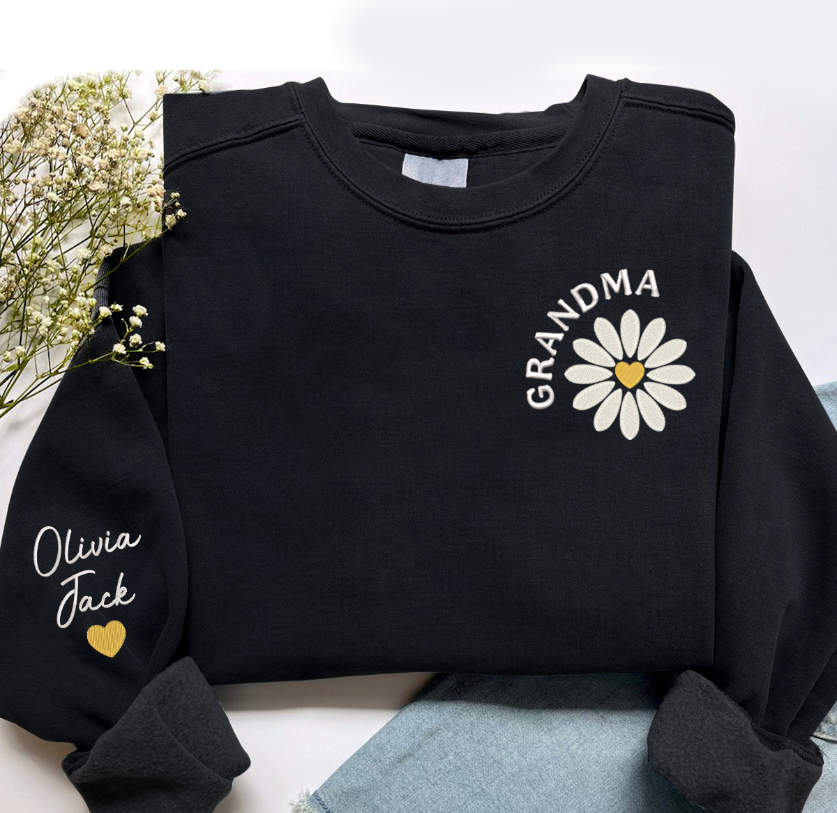 Custom Grandma Daisy And Kids Embroidered Sweatshirt