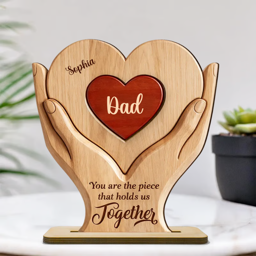 Personalized Wooden Puzzle Plaque for Dad – Custom Family Name Heart Sign, Father’s Day Gift from Kids 2-Layered Wooden Plaque